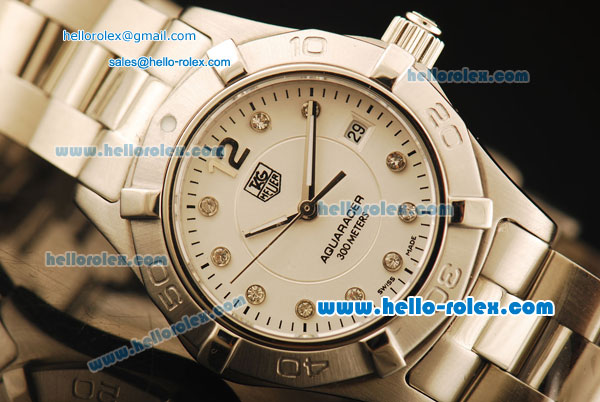 Tag Heuer Aquaracer Swiss Quartz Movement Full Steel with White Dial and Diamond Markers - Click Image to Close